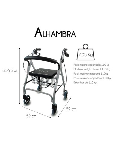 Andador de 4 ruedas plegable y regulable en altura con cesta, asiento y respaldo acolchado | Alhambra | Gris