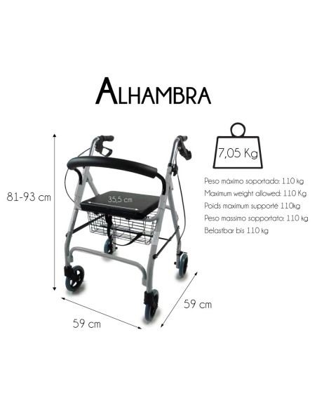 Andador de 4 ruedas plegable y regulable en altura con cesta, asiento y respaldo acolchado | Alhambra | Gris