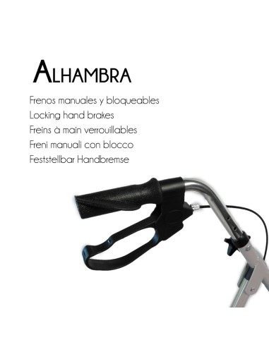 Andador de 4 ruedas plegable y regulable en altura con cesta, asiento y respaldo acolchado | Alhambra | Gris