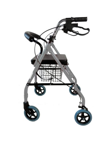 Andador de 4 ruedas plegable y regulable en altura con cesta, asiento y respaldo acolchado | Alhambra | Gris