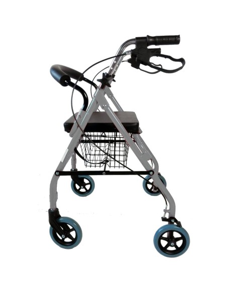 Andador de 4 ruedas plegable y regulable en altura con cesta, asiento y respaldo acolchado | Alhambra | Gris