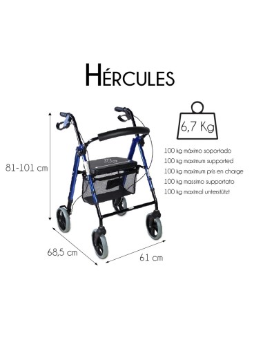 Andador de 4 ruedas Ligero, Plegable, Regulable, con cesta, frenos y con asiento y respaldo acolchado "Hércules"