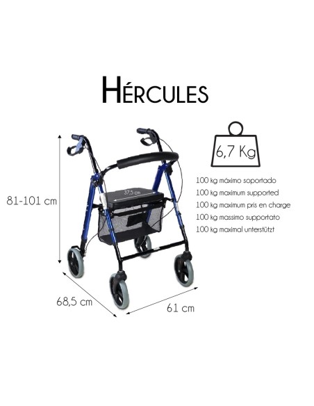 Andador de 4 ruedas Ligero, Plegable, Regulable, con cesta, frenos y con asiento y respaldo acolchado "Hércules"