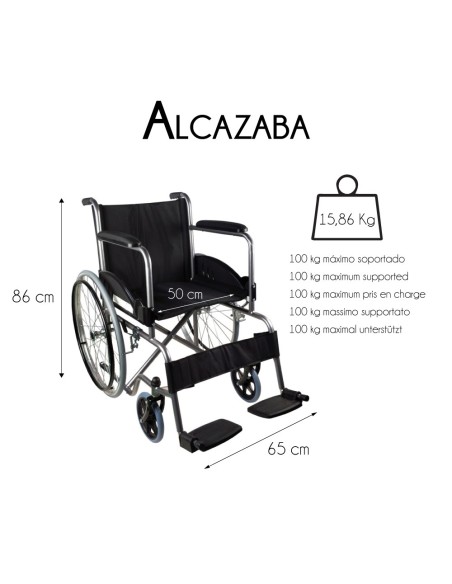 Silla de ruedas plegable autopropulsable de acero, ligera, ancho asiento 46 cm, color negro"Mod. Alcazaba"