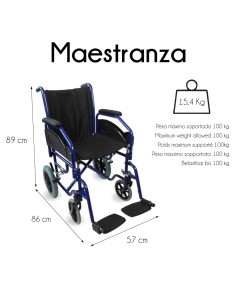 Silla de ruedas plegable, ultraligera y no autopropulsable, reposabrazos y reposapiés extraíbles, ancho asiento 45 cm, color azu 2