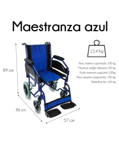 Silla de ruedas plegable, ultraligera y no autopropulsable, reposabrazos y reposapiés extraíbles, ancho asiento 45 cm, color azu 2