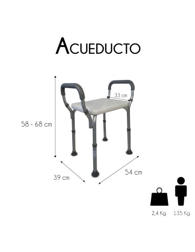 Silla asiento para baño con reposabrazos y regulable en altura, de aluminio y PVC | Acueducto