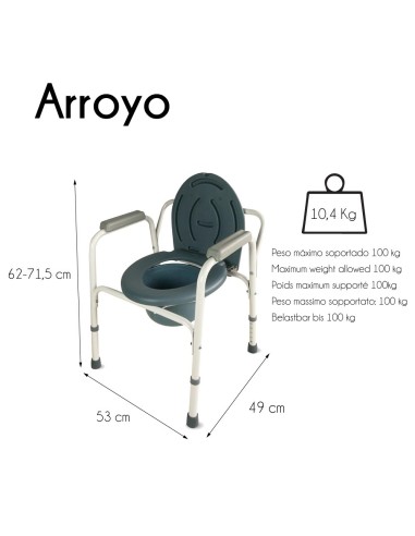 Silla con WC/inodoro, plegable, con conteras antideslizantes y reposabrazos | Arroyo