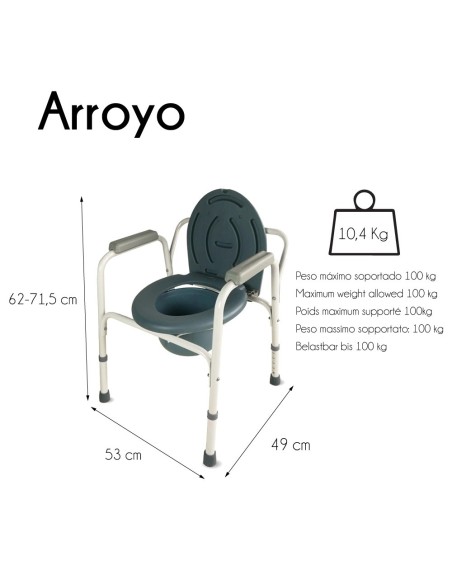 Silla con WC/inodoro, plegable, con conteras antideslizantes y reposabrazos | Arroyo