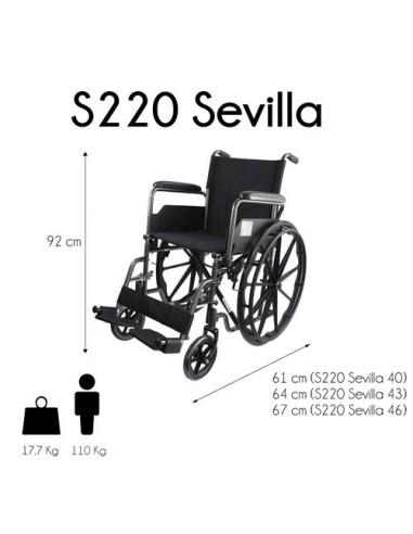 Silla de ruedas plegable de acero, autopropulsable con reposapiés y reposabrazos extraíbles | Modelo S220 Sevilla