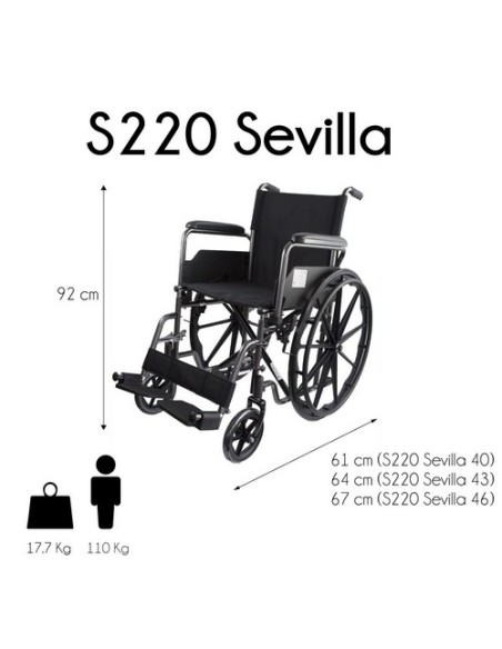 Silla de ruedas plegable de acero, autopropulsable con reposapiés y reposabrazos extraíbles | Modelo S220 Sevilla