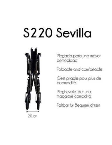 Silla de ruedas plegable de acero, autopropulsable con reposapiés y reposabrazos extraíbles | Modelo S220 Sevilla