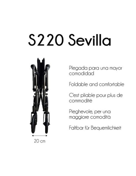 Silla de ruedas plegable de acero, autopropulsable con reposapiés y reposabrazos extraíbles | Modelo S220 Sevilla
