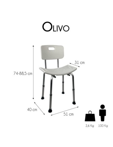 Silla de baño regulable en altura, de aluminio con respaldo | Modelo Olivo