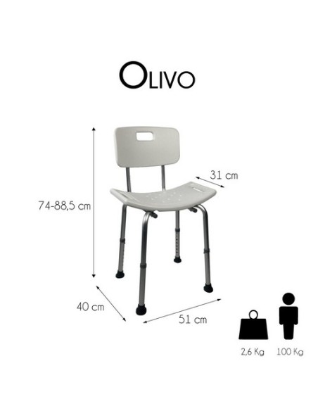 Silla de baño regulable en altura, de aluminio con respaldo | Modelo Olivo