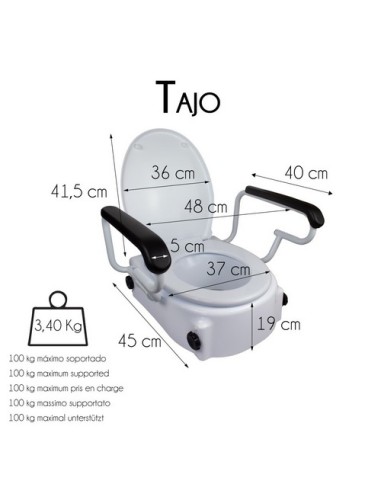 Elevador de baño con tapa de altura 17 cm con reposabrazos abatibles | Regulable e inclinable | Modelo Tajo
