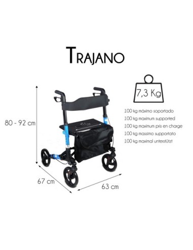 Andador Rollator de 4 ruedas plegable con cesta de tela, frenos, asiento y respaldo | Trajano