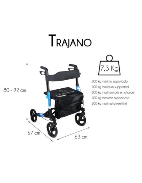 Andador Rollator de 4 ruedas plegable con cesta de tela, frenos, asiento y respaldo | Trajano