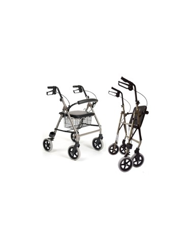 Andador Rollator plegable y regulable de 4 ruedas con frenos, cesta, respaldo, asiento acolchado y soporta-muletas | ECO LIGHT