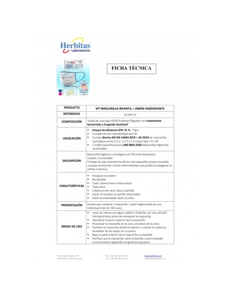Kit de mascarilla higiénica infantil + jabón higienizante | Reutilizable | Talla única