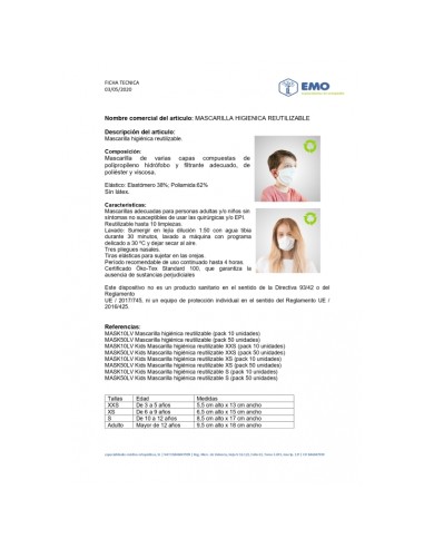 Mascarillas higiénicas adulto | Reutilizables | Con tiras elásticas | Pack de 10 uds